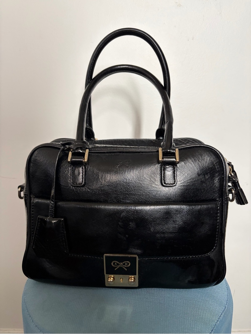 Anya Hindmarch Black Leather Double-Handle Satchel with Gold Hardware